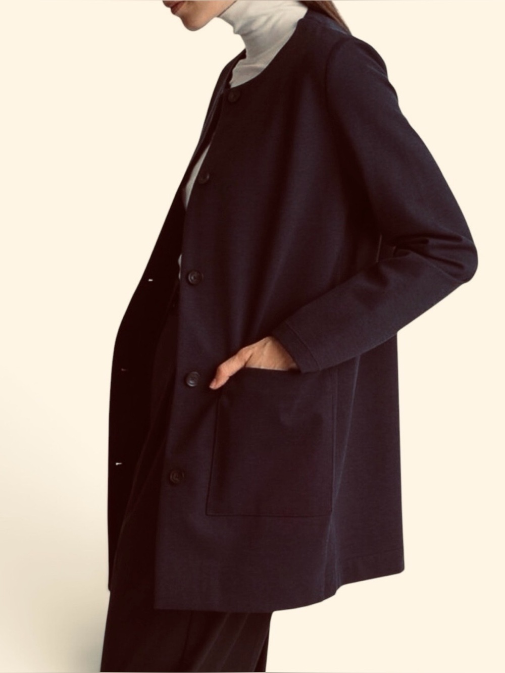 Kit&Ace Black Collarless High Neck Button Minimalist Car Coat Midi Blazer XS